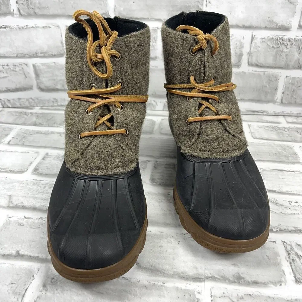 Sperry Black Rubber & Olive Wool Waterproof Winter Boots with Brown Trim